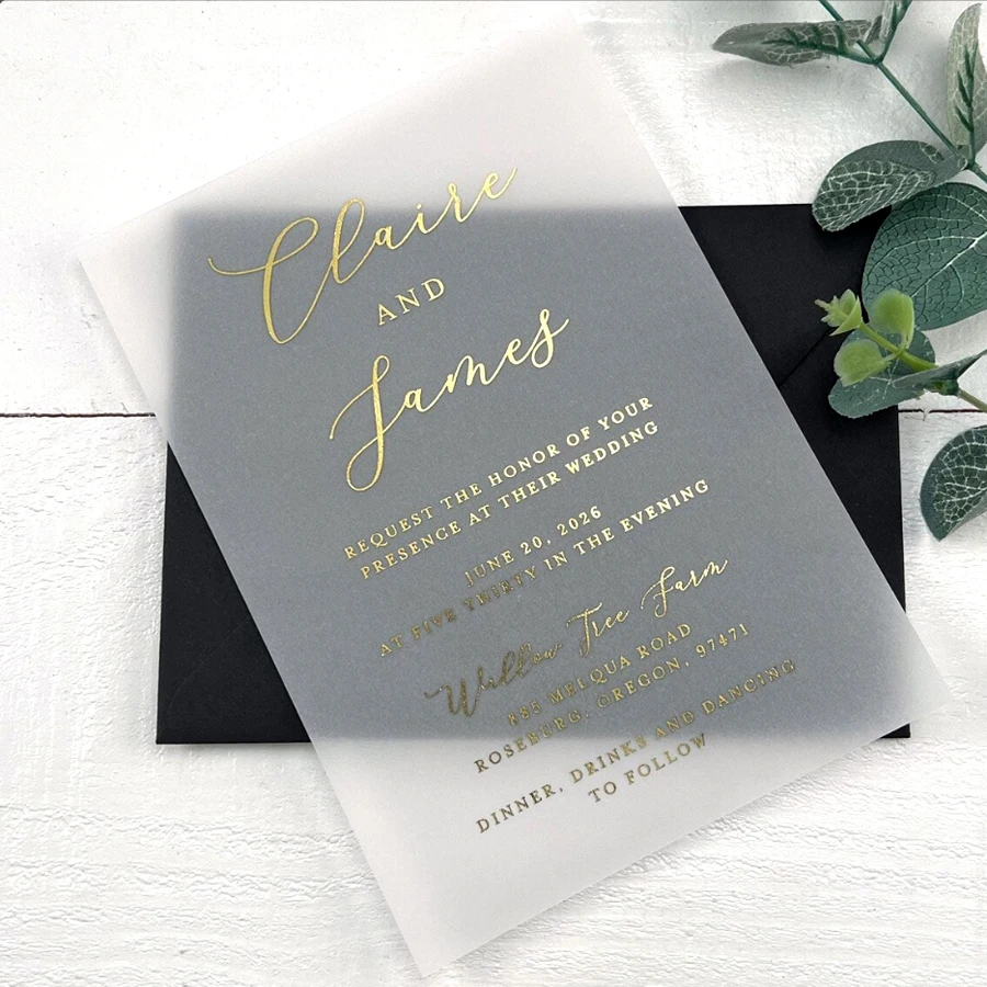 

10PCS Personalized Wedding Invitations with Envelopes, Vellum Wedding Invitations, Gold Foil Text Frosted Transparent Invitation