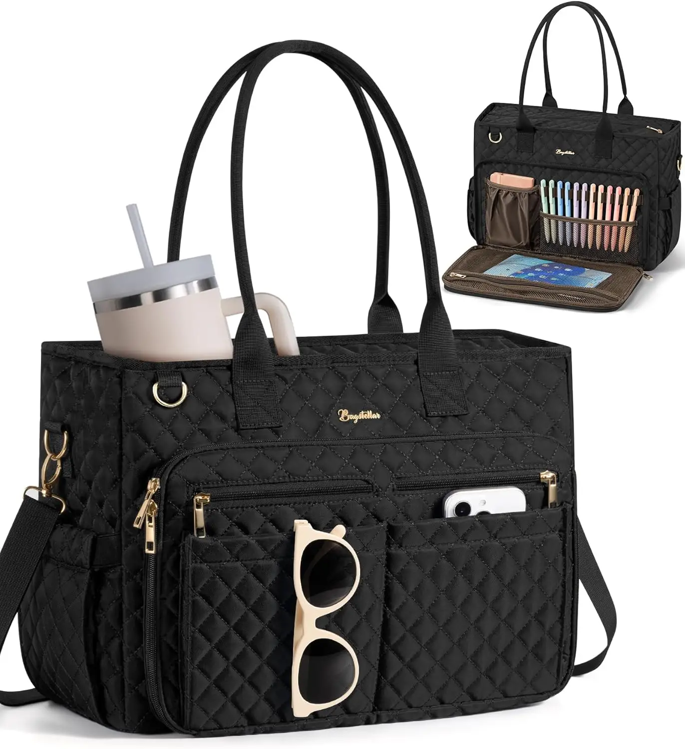 

15.6 Inch Laptop Tote Bag for Women, Quilted Shoulder Handbag with Cup Holder and Insulated Pocket for School, Travel, Office