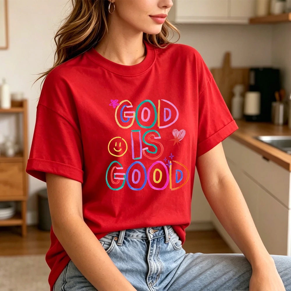 Christian Faith Lover T-Shirt Cute Rainbow Doodle God Is Good Inspirational Lettering Print Top Religious Positive Casual Tee