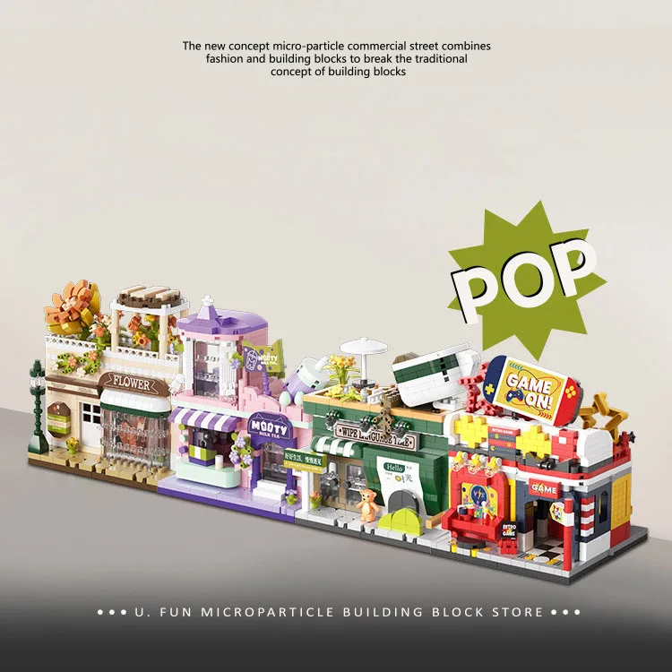 

Funny City Street View Building Bricks Florist Coffee Shop Milk Tea Game Hall Construction Mini Block Streetscape Toys For Gifts
