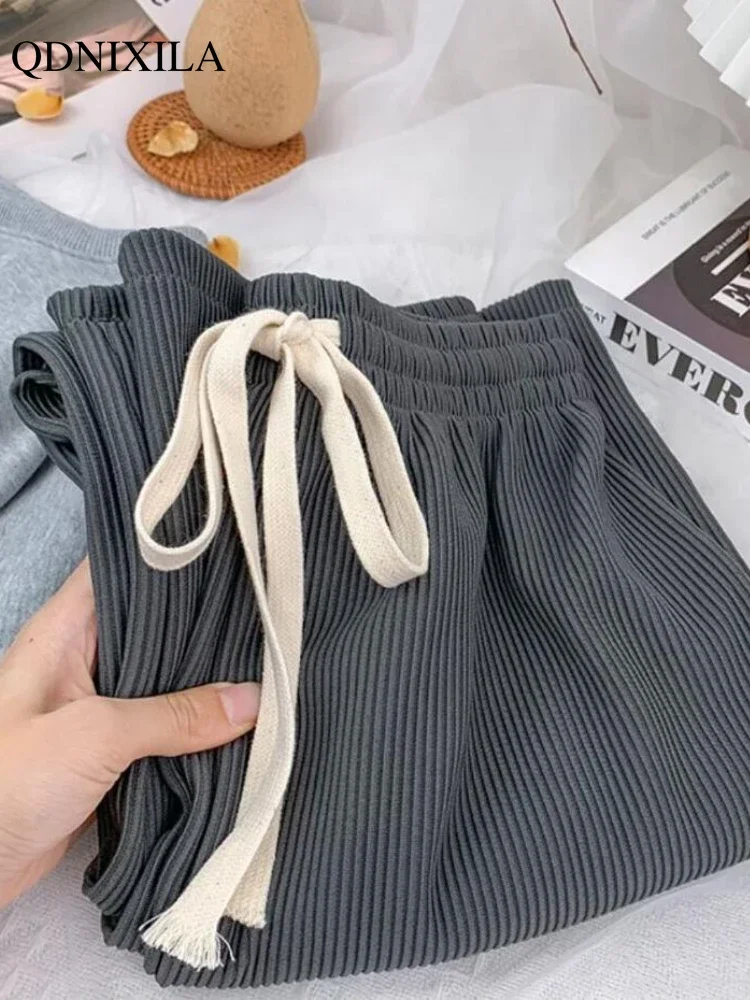 Summer Ice Silk Saggy Women\'s Pants Korean Thin High Waist Loose Straight Pants Casual Fashion Folds Wide Leg Trousers for women