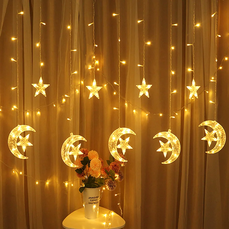 Creative 8 Modes LED Moon Star Curtain Light 220V EU Plug Christmas Garland Fairy String Lights for Party Wedding New Year Decor