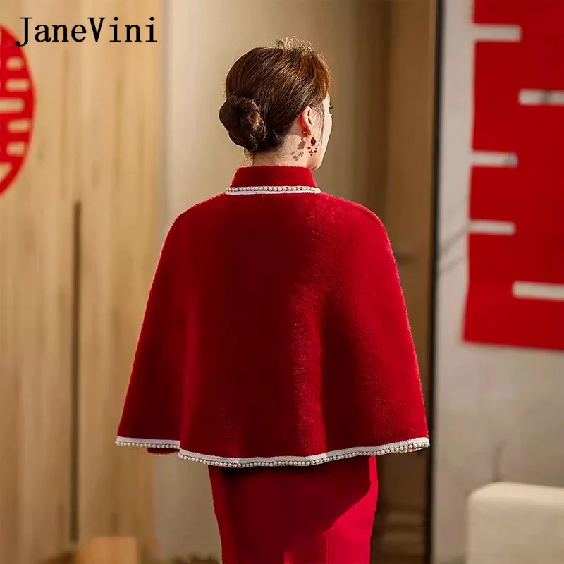 JaneVini mantel bulu Fauz Burgundy, syal pengantin bulu leher tinggi manik-manik musim gugur untuk wanita, mantel bungkus pernikahan mutiara gading, mantel musim gugur