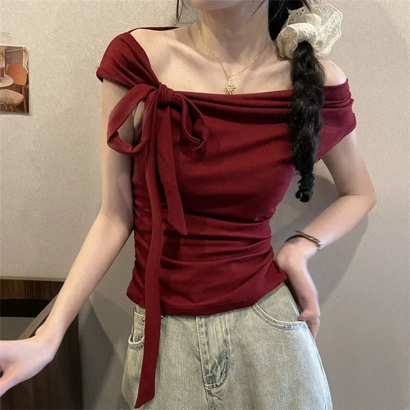 

Stylish Summer Off-Shoulder Short Sleeve T-Shirt For Women Pure Temptation One Shoulder Design Slim Fit Chest Wrap Top