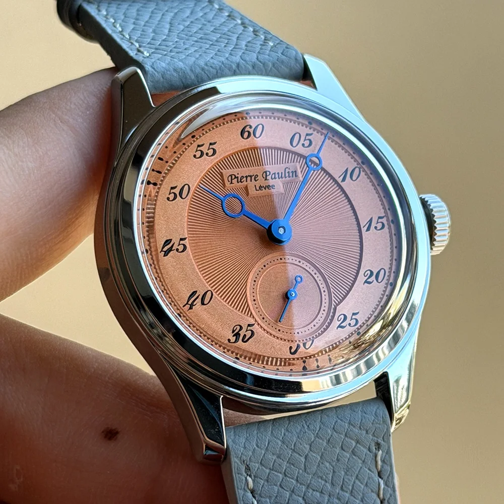 NEW Pierre Paulin Men Watch Salmon Dial Mechanical Hand Wind Watch for Men Vintage Date Window 38mm relogios masculino