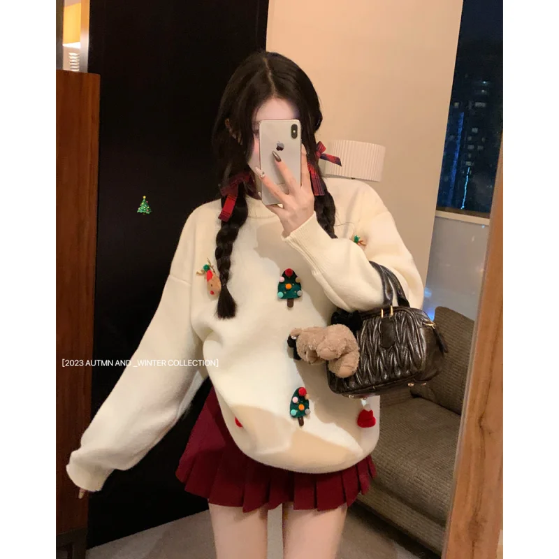 Weiße Frauen Kleidung Vintage Strick pullover Kaschmir Kontrast farben koreanische Mode Einfachheit neue weibliche Frühlings oberteile