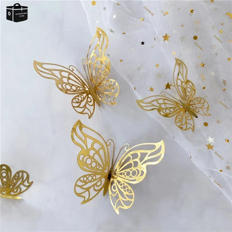 Adesivo de parede em forma de borboleta 3d oco, cor ouro, prata, rosa, decoração para casa, festa de aniversário e casamento, 12 pçs/set