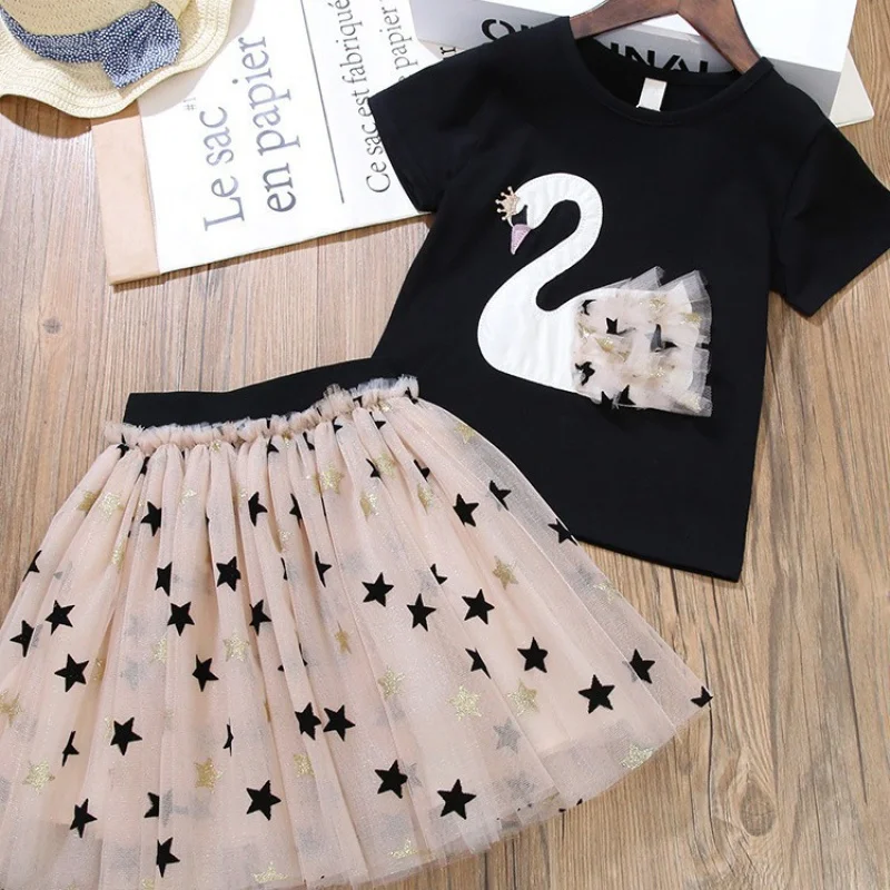 

Summer New Girls' Suit Baby Girls' Short-Sleeved Swan Top plus Stars Mesh Skirt Two-Piece SuitWS