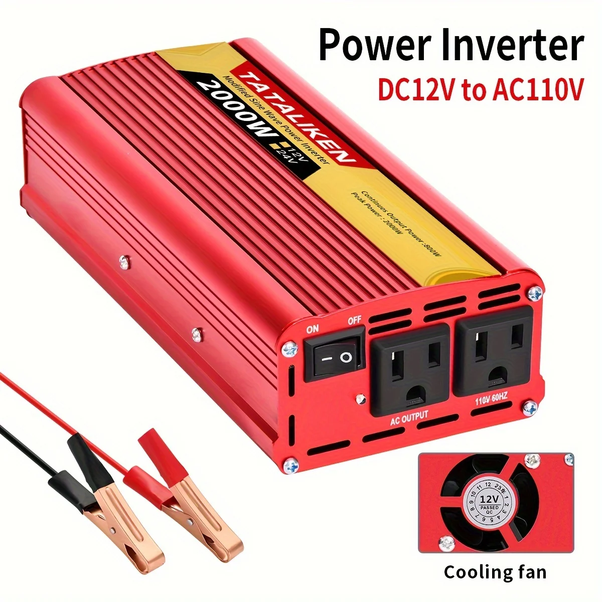 

Portable Power Inverter 2000W (peak), DC 12V to AC 110V Converter, US Standard Socket, Built-in Cooling Fan And Overload