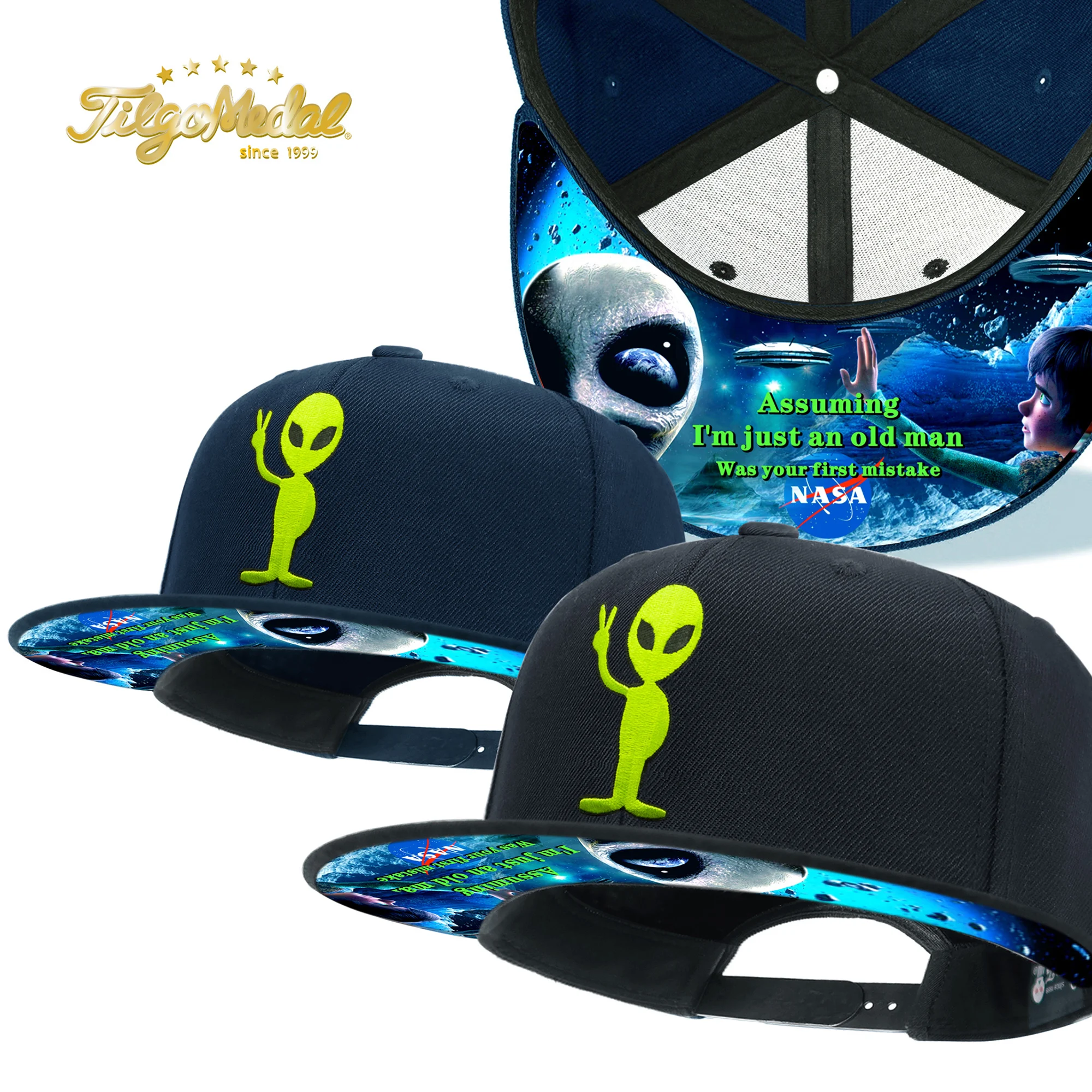 Alien Embroidery Wool Snapback Hats For Men Women Skull Digital Print Flat Bill Baseball Caps Gothic Rock Style Halloween Gifts