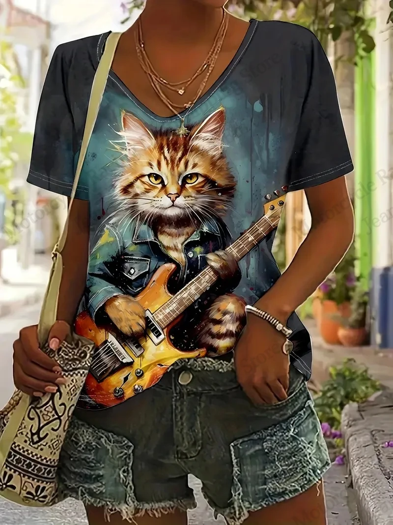 

2025 Новая женская футболка Playing The Piano Cat Футболка с 3d принтом Женская мода Повседневные топы с v-образным вырезом и короткими рукавами Футболки Женская одежда