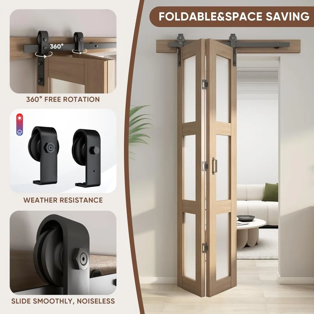 Double Fold Glass Barn Door, Double Fold Glass Sliding Barn Door Kit Including Hardware, 3 Panel Glass Barn Door Panel, Brown