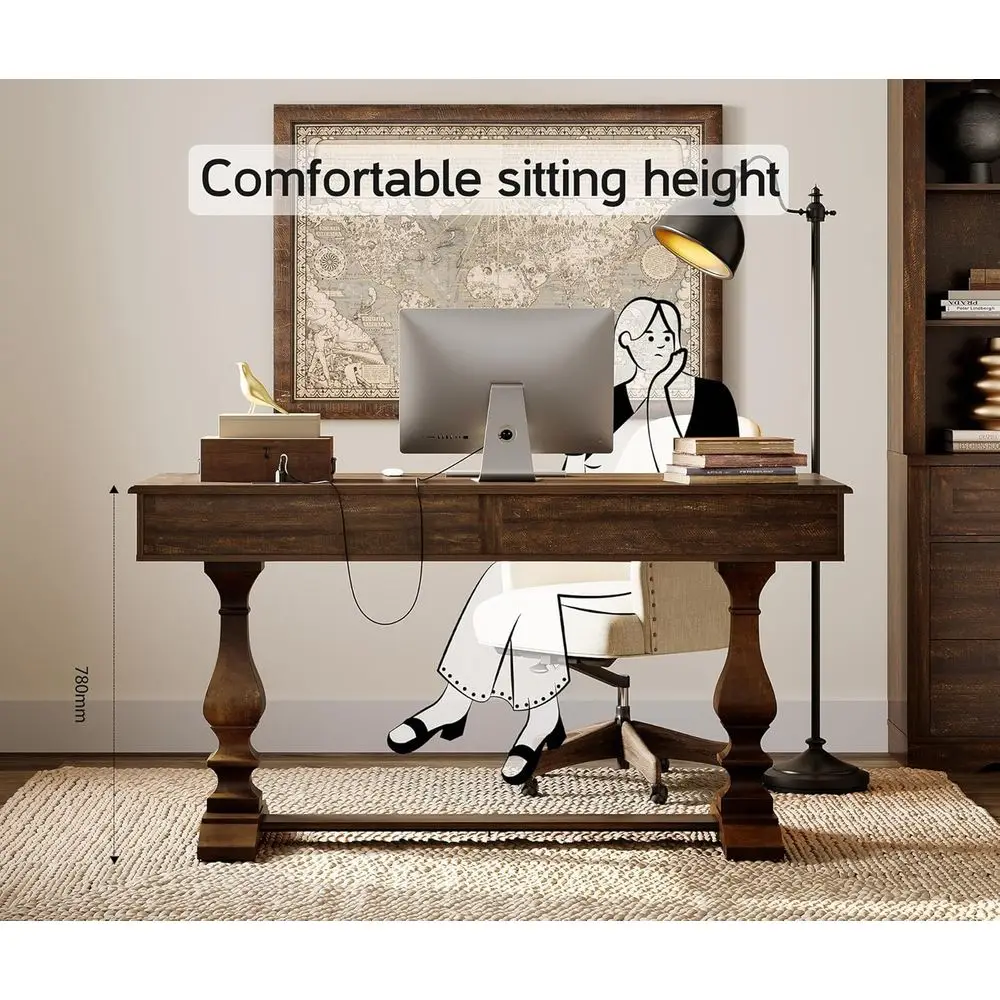 60 Vintage Walnut Executive Desk with Solid Wood Legs, Rustic Style, Deep Drawers, Power Outlets