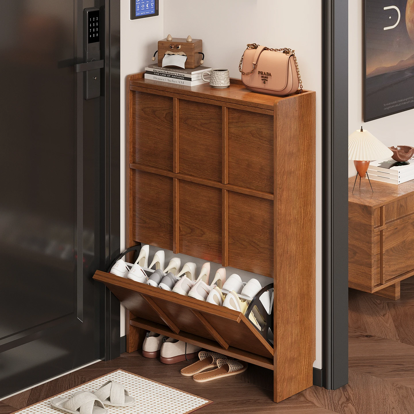 

Medieval ultra-thin shoe cabinet, storage cabinet integrated against the wall, solid wood tipping bucket shoe cabinet, locker, b