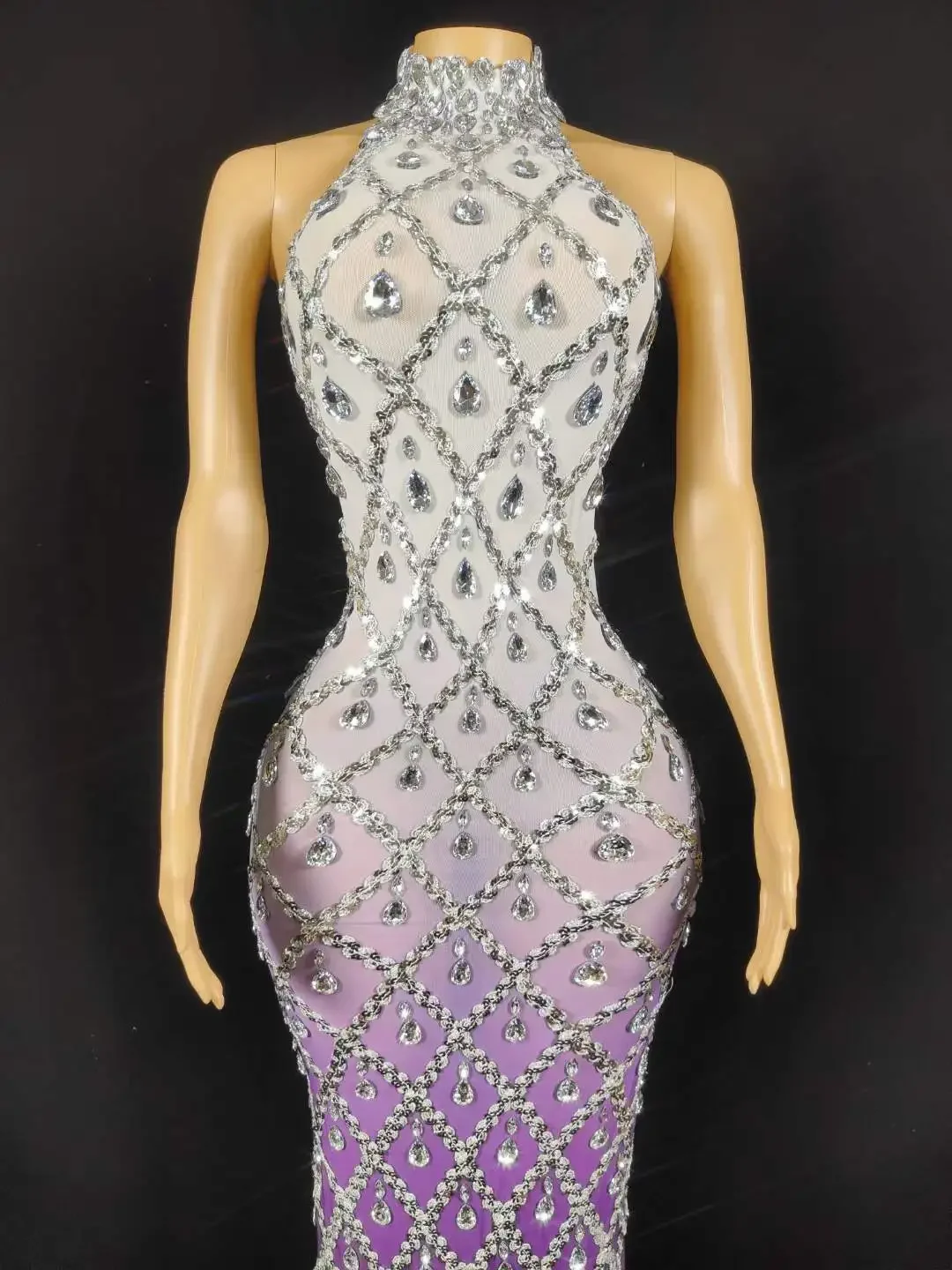 Model Catwalk Sparkly Gradient Color Rhinestone Sexy Women Birthday Queen Dresses