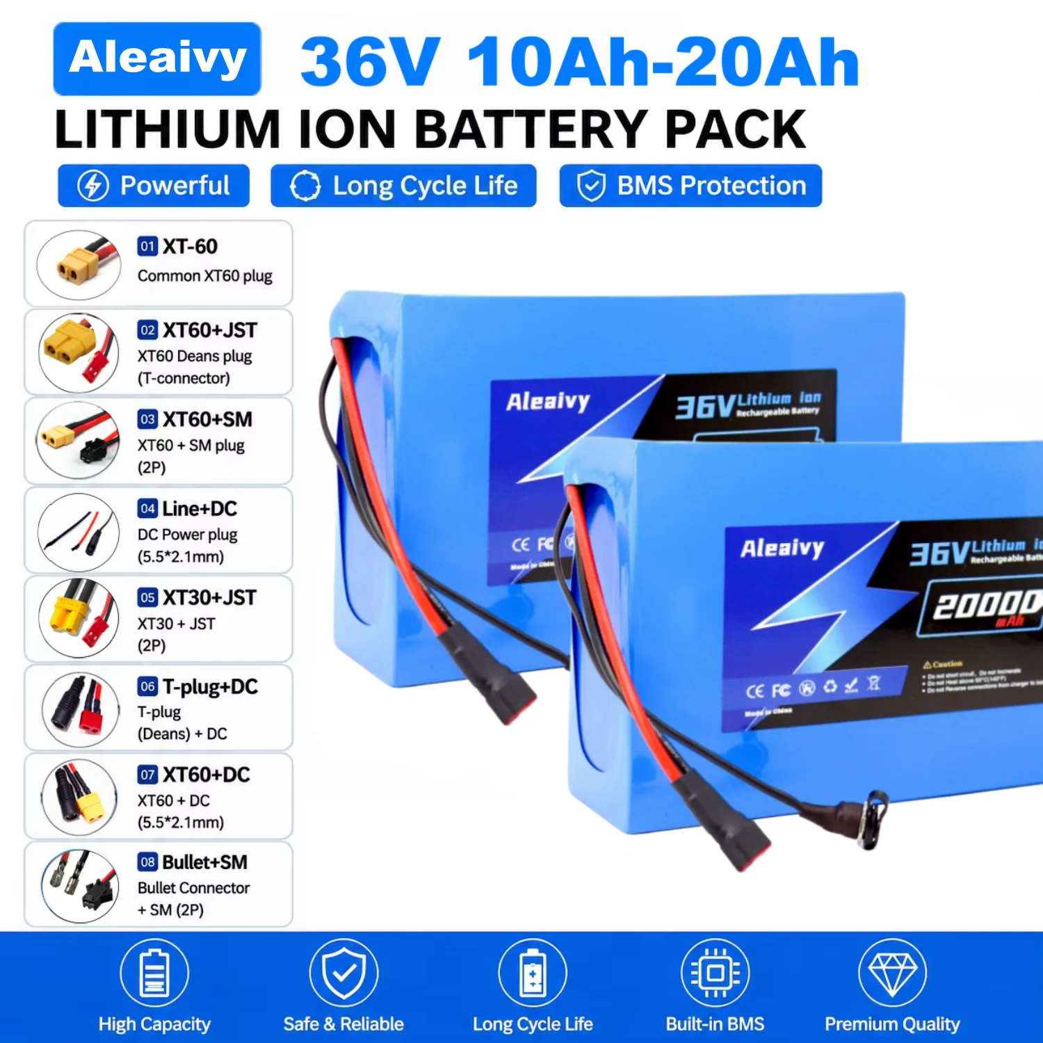 Aleaivy 36V High Power Lithium Battery Pack 10Ah 14Ah 16Ah 20Ah 10S4P-10S6P for Electric Motorcycle Scooter 250-1500W with BMS