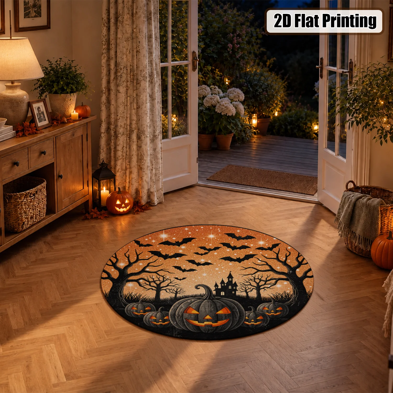 Halloween Jack-o-Lantern Bat Haunted Castle Print Round Velvet Rug, Machine Washable, Durable, Suitable for Living Room, Bedroom, Entryway, Patio, Perfect for Halloween, Thanksgiving, Christmas, New Year, Black Friday, Cyber Monday Decoration