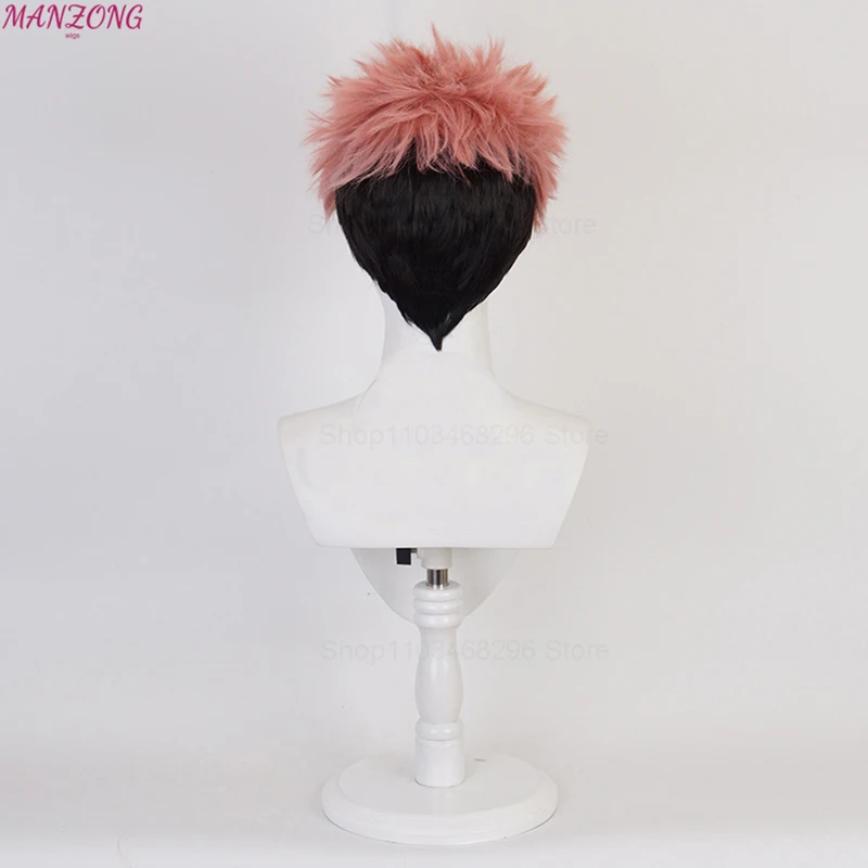 Wig Cosplay Anime Itadori Yuji rambut pendek, Wig jaring dalam mawar sutra temperatur tinggi + topi Wig