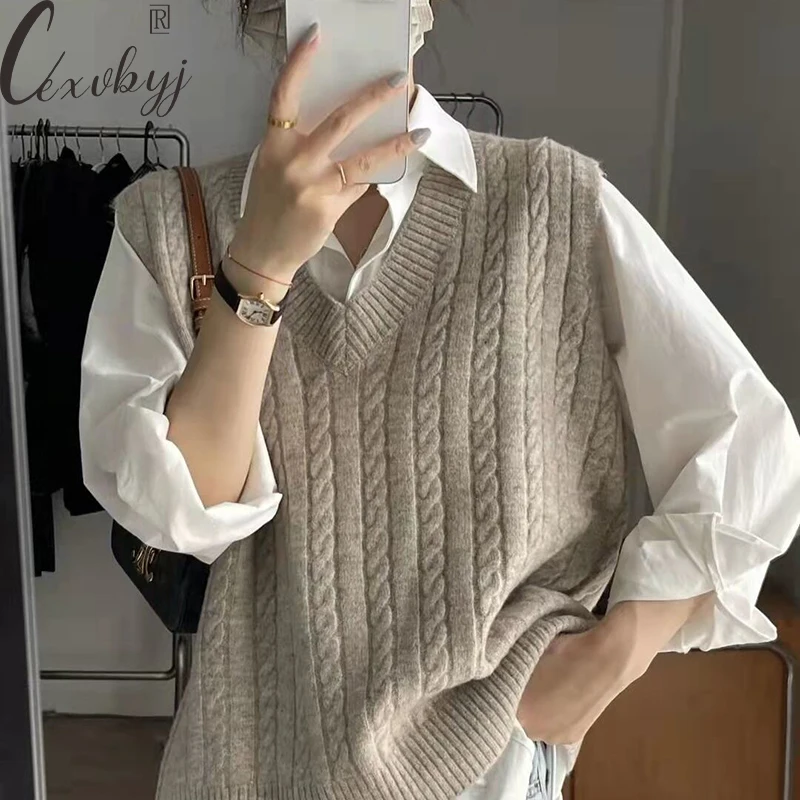 

Retro Sweater Vest Women Solid Colors V-Neck Fall Winter Knitted Waistcoat All-Match Casual Sleeveless Korean Knitwear Pullover