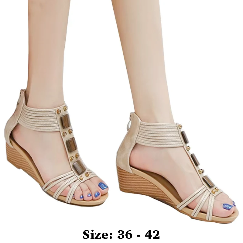 

High quality leather flat sandals for women 5cm mid heel rhinestone summer 2025 36 42 open toe casual beach shoe black beige