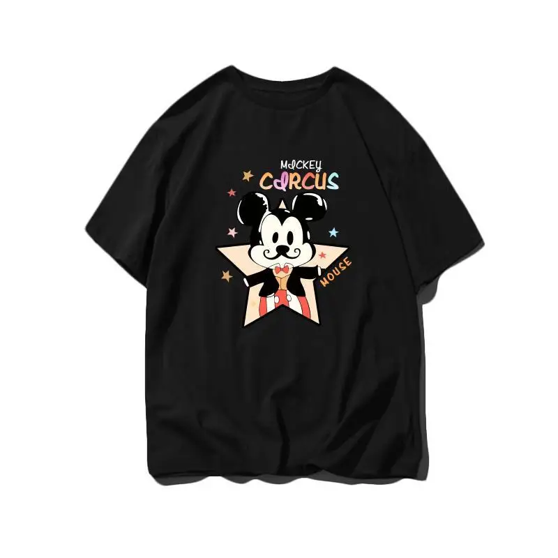 Camiseta blanca de Mickey Circus de Disney para hombre y mujer, Tops informales de algodón con diseño de marco de estrella, pajarita roja, disfraz a rayas, 2025