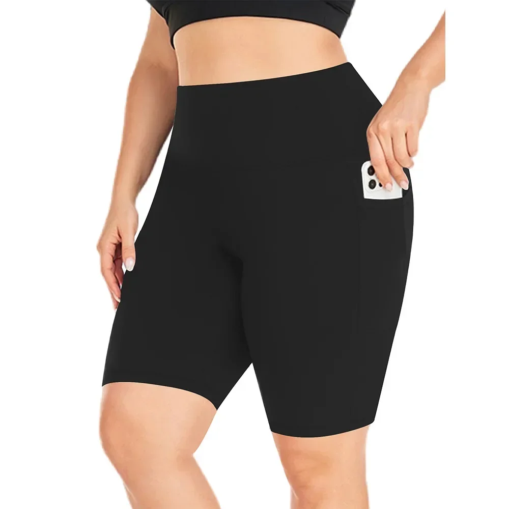 Damen-Yoga-Shorts mit hoher Taille, Übergröße, Workout-Leggings mit zwei Taschen, Stretch, europäischer Stil, Activewear für Fitnessstudio und Freizeit – Detail 4