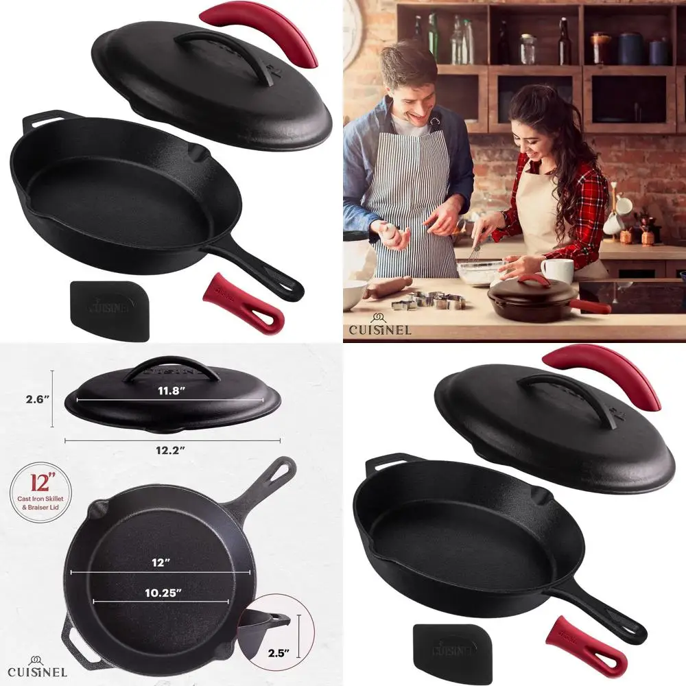 

12-дюймовая предсезонная чугунная сковорода с крышкой, силиконовой ручкой и держателем крышки, скребком — многофункциональная посуда для использования в помещении, на открытом воздухе,