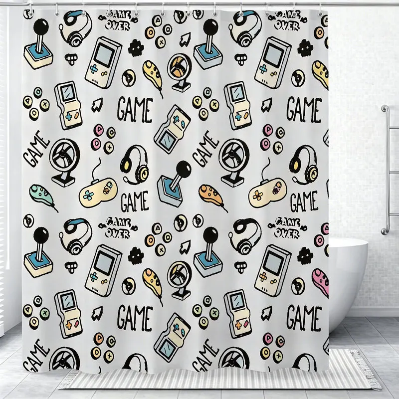 180x180cm Polyester Shower Curtain,Easy Hanging,Easy to Install,Durable,Retro Gaming Consoles Print,Modern Bathroom Decor