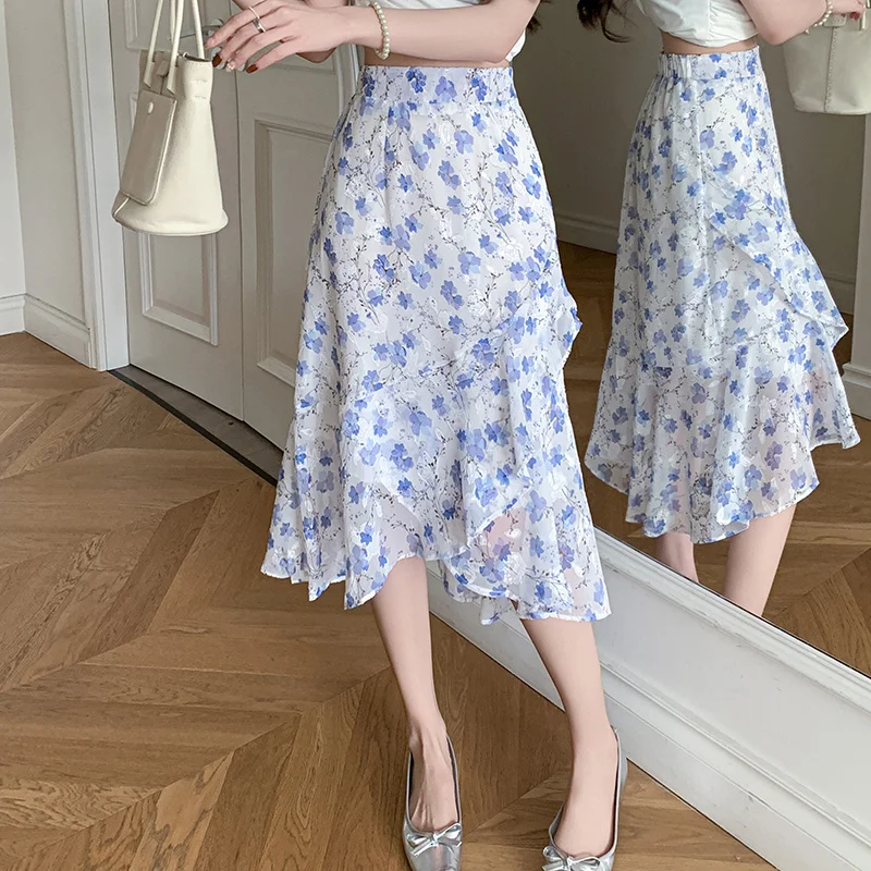 

New 2026 Jacquard Chiffon Women Summer Mermaid High Waist Asymmetrical Midi Skirt Elegant Ruffles Fashion