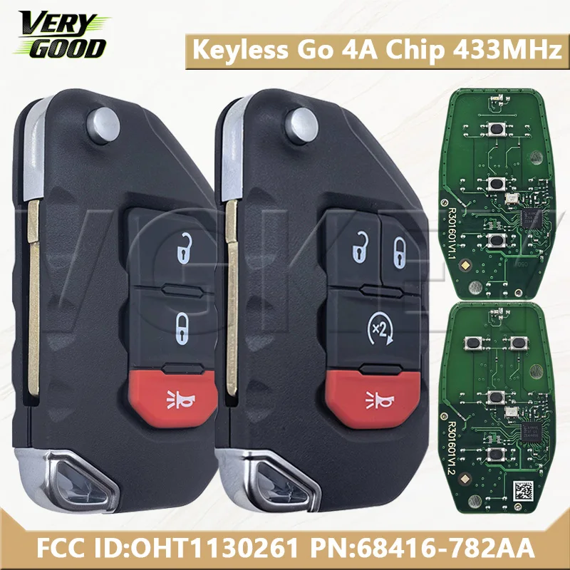 

VG For J-eep Wrangler JL Gladiator 2018-2022 FCC:OHT1130261 PN:68416-782AA 4A PCF7939M Chip 433MHz Smart Remote Key Keyless Go