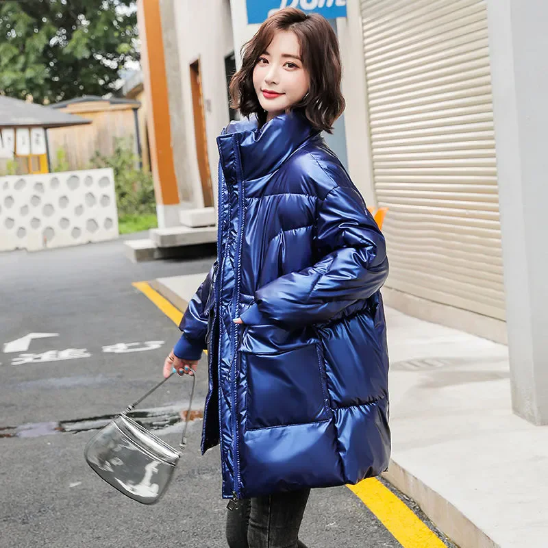 Autumn Winter Down Cotton Jacket Women Korean Loose Bright Face Stand Collar Padded Outwear Waist Drawstring Parka Coat Female