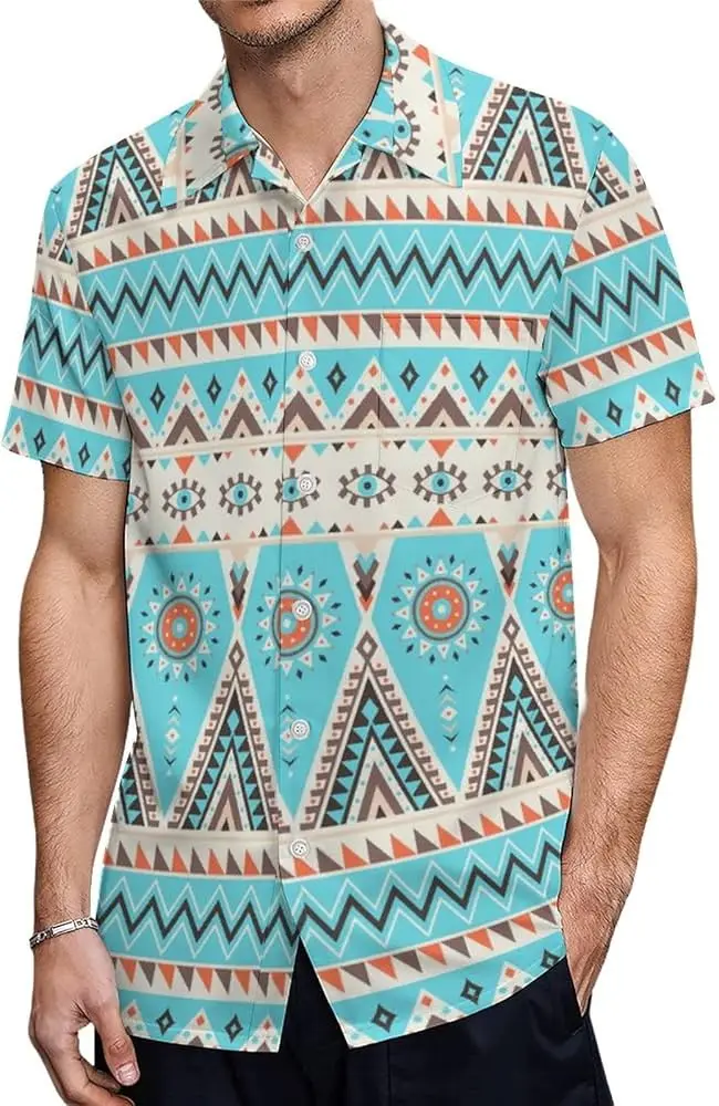 

Short manga vintage shirt with African and ethnic ethnic tribal stripes for men, with buttons, t -shirt
