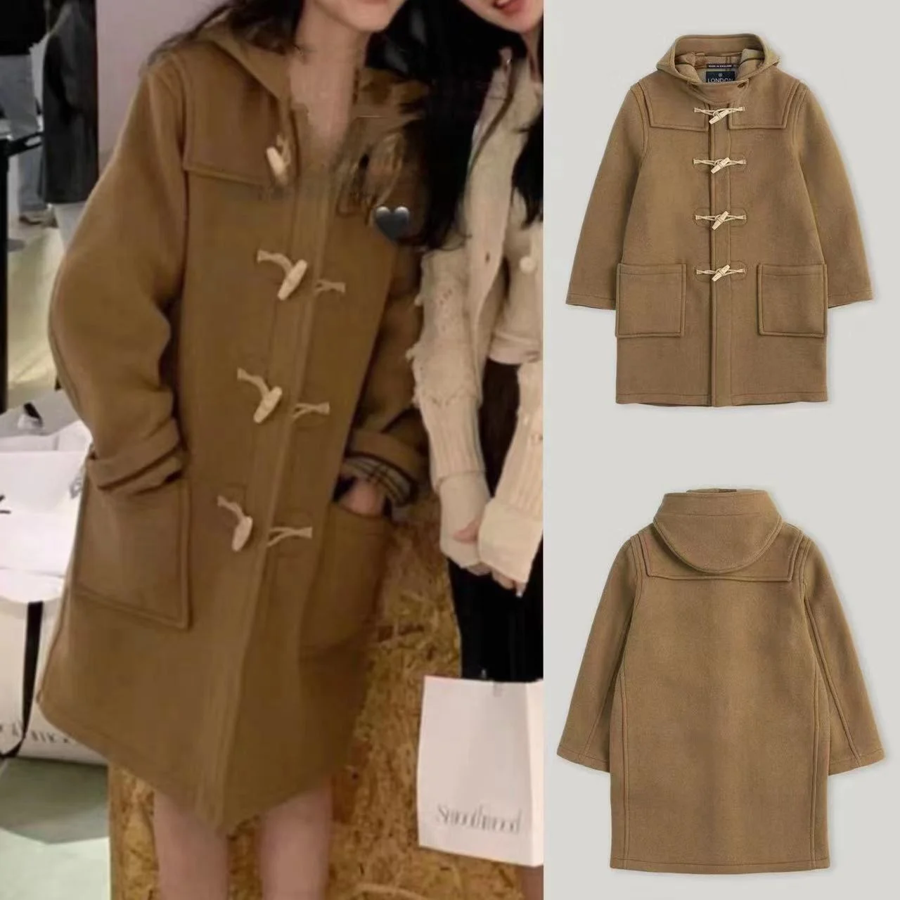 Thickened Woolen Coat with Hat Vintage Horn Buckle Smoothmoodbaby Jacket for Women Commute Style Pure E-commerce Sale