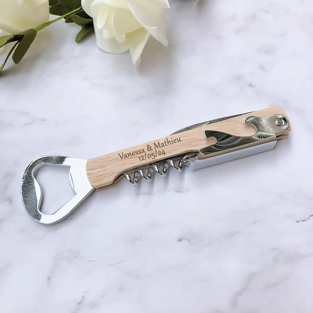 

Personalized Wedding Party Favor Custom Engraved Wooden Wine Corkscrew & Beer Bottle Opener Wedding Gifts for Guests