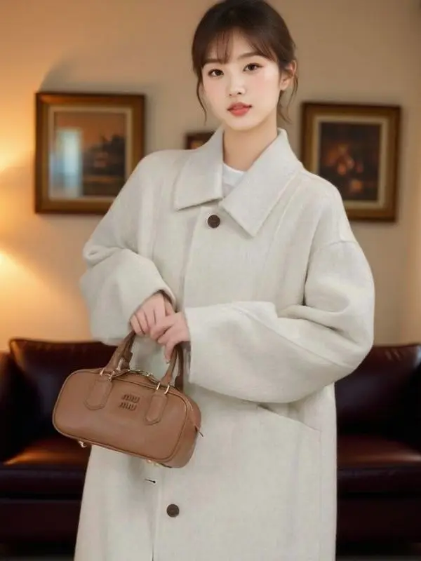 

Yellow Doll Collar Thiened Woolen Coat Mid-Length Korean Sle Women's Faion Outerwear for Autumn Winter Season