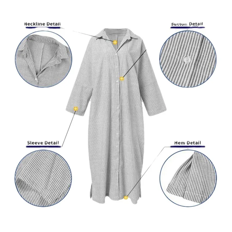 Women\'s Long Dress Cotton Linen Striped Cardigan Open Abaya Oversized Tunic Shirts Lady Casual Kimono Muslim Islamic Fashion