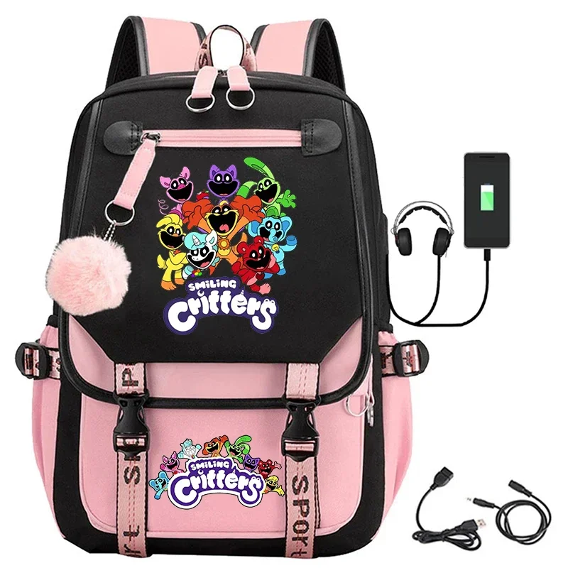 Large Capacity Smiling Critters Usb Charge Backpack Catnap Printing School Bags For Teenage Girls Anime Bagpack Women Laptop Bag