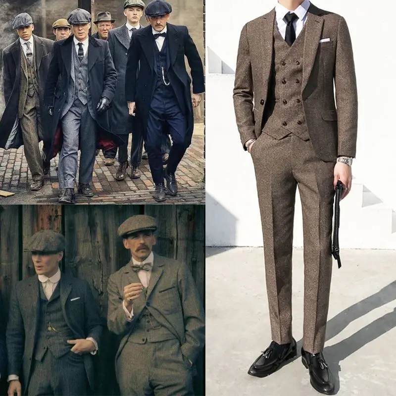 

elby Par Blood Brotherhood Wedding Suit Busin Thi Tweed oming Set Double Breasted Flat Collar Full Length