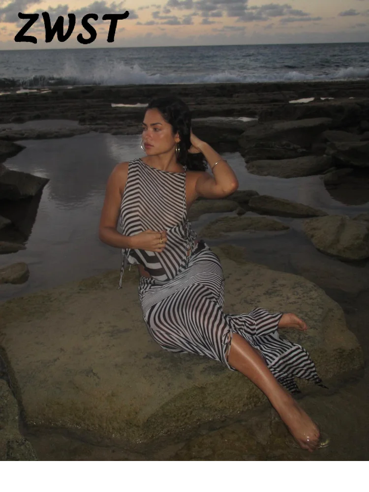 

Пляжный полосатый женский комбинезон с юбкой и принтом, костюмы без рукавов, бандажный сексуальный женский костюм, 2024, летние каникулы, комплект из 2 предметов для женщин