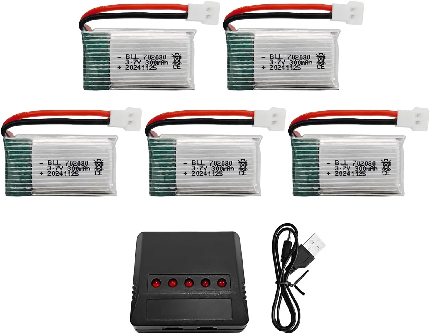 

5PCS 3.7V 300mAh LiPo Battery & 5-Port USB Charger for Syma X11C Hubsan H107L WLtoys V911S U816A HS170 RC Drone Spare Parts