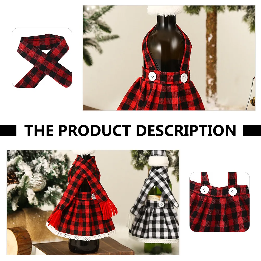 1Set Plaid Christmas Wine Bottle Dress Suit Mini Scarves Hats Creative Warm Decor for Xmas Party Home Gathering
