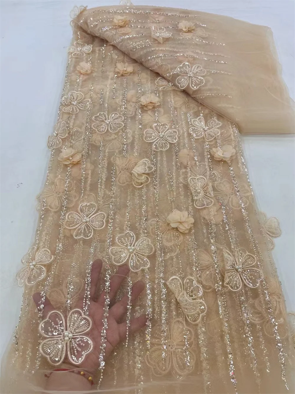 French Lace Fabric High Quality 2024 3D Flower Lace Fabric Luxury Fabric Latest Lace Fabric Fashion Peach For Party DressesW40-1