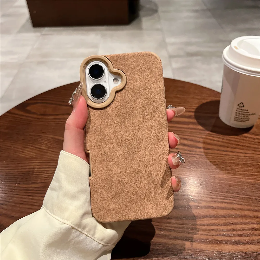 Business Suede Soft Fur Leather Silicone Case For iPhone 16 Plus 15 14 13 12 11 Pro Max Retro Matte Brown Color Shockproof Cover