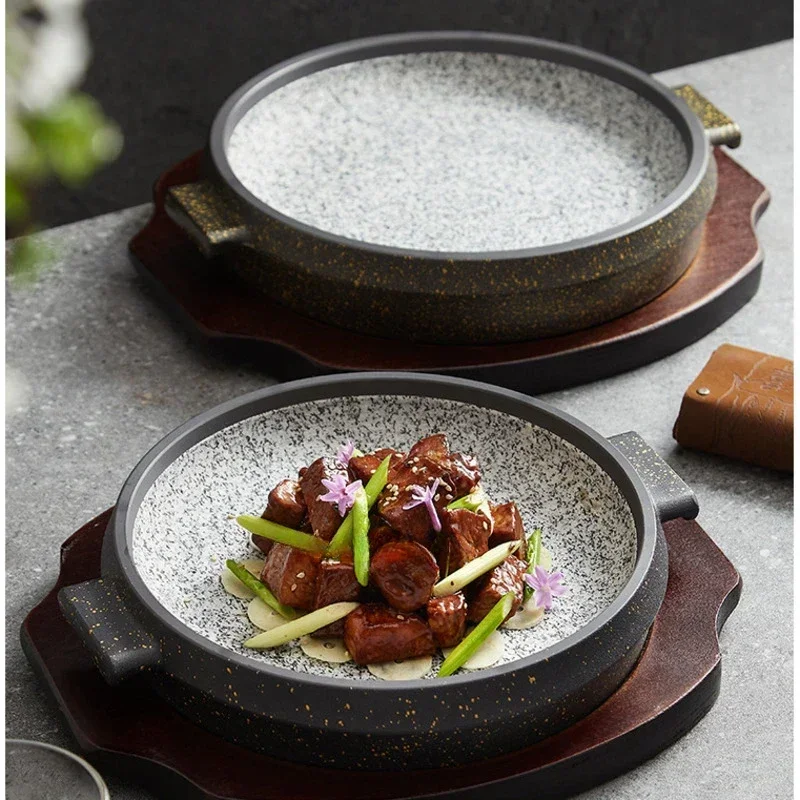 Korean Style Double Eared Bibimbap Granite Special Tableware Hotel Restaurant Dedicated Stone Pot Bamboo Wood Mat Baking Tray