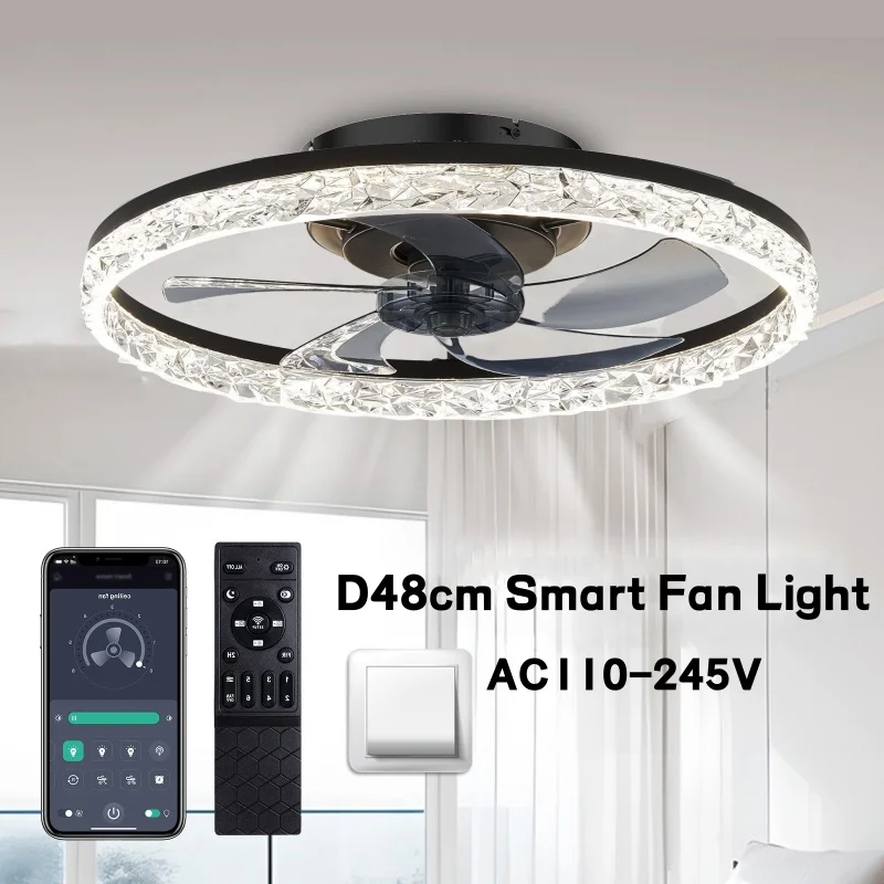 Smart 18.9in LED Ceiling Fan Light Silent Flush Mount APP Remote Control Dimmable Bedroom Living Room Kitchen Decor Ceiling Fans