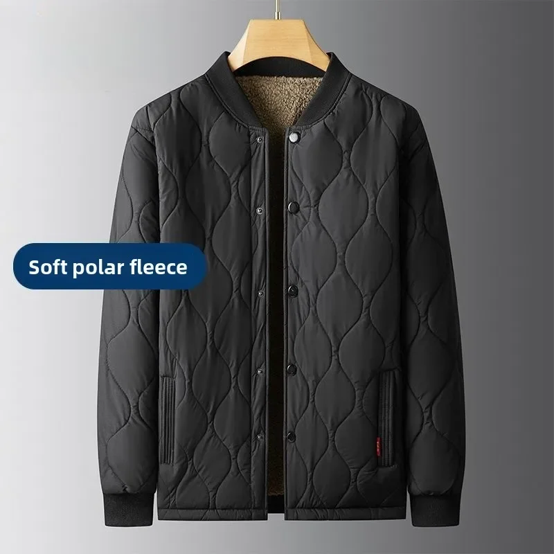 

Men's Plush Thickened Parkas Fleece Lined Stand Collar Solid Diamond Texture Button Coat Jacket Warm Cold-proof Outdoor Coats