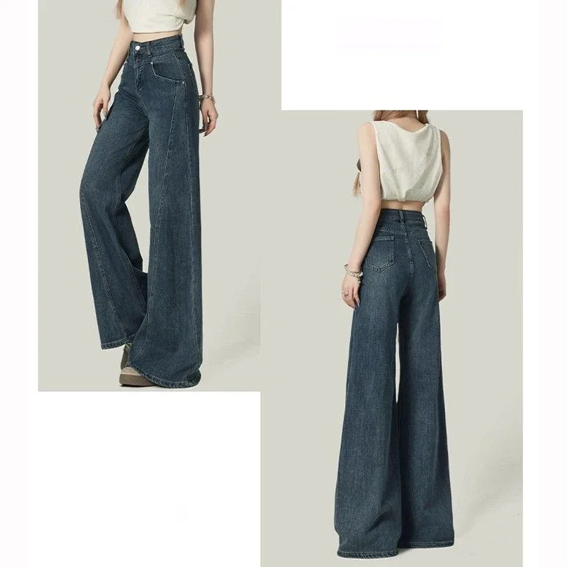 Damskie dżinsy z wysokim stanem, retro, jednolite, rozszerzane, eleganckie, w stylu koreańskim, proste nogawki, klasyczne spodnie dżinsowe damskie.