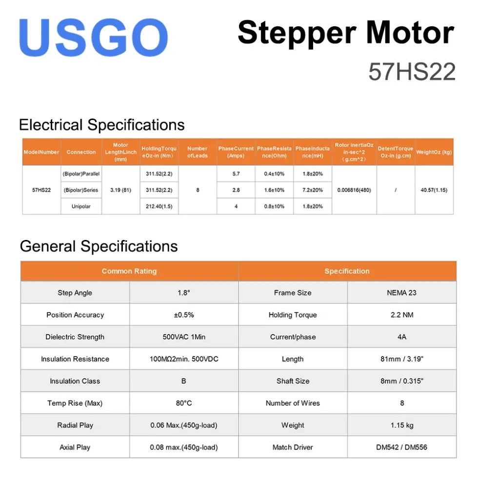 

USGO Leadshine Stepper Motor 57HS22 NEMA 23 2-Phase Current / Phase 5.6A Length 81mm Shaft 8mm