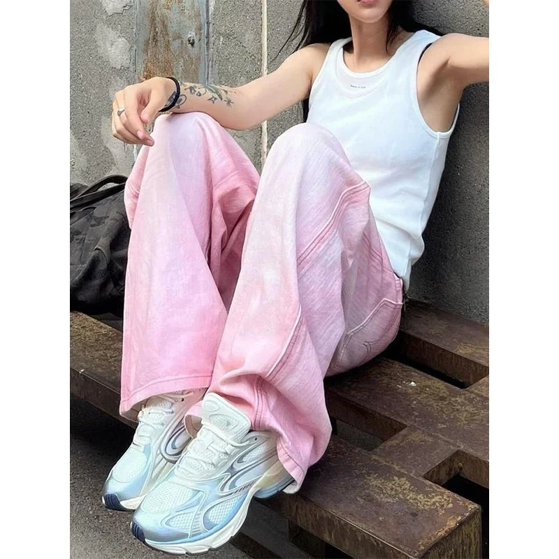 بنطلون جينز نسائي وردي عالي الخصر بتصميم عتيق هيب هوب مستقيم فضفاض من قماش الدنيم للشارع Y2K بنطلون جينز واسع الساق على الطراز الأمريكي