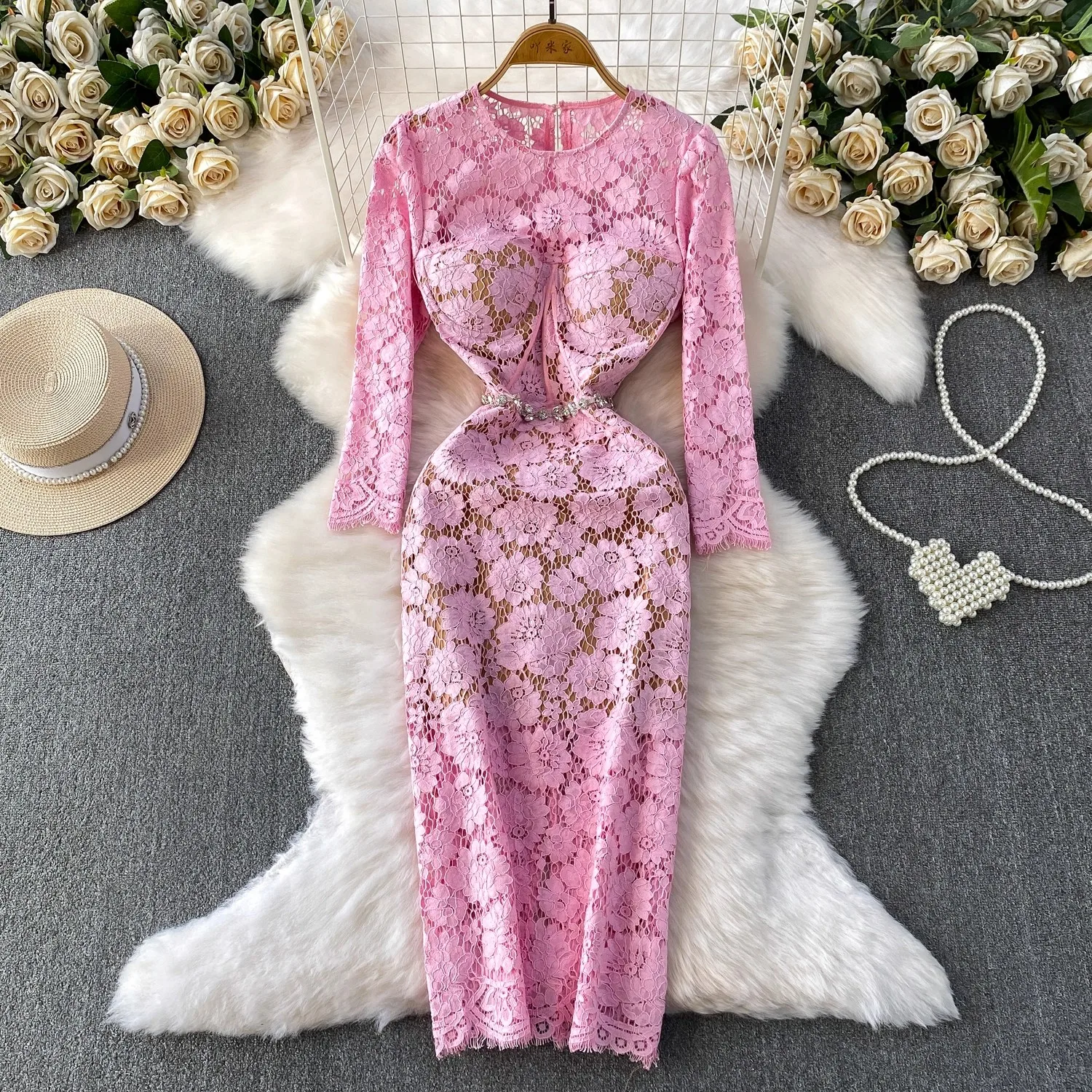 

Autumn Flower Embroidery Lace Prom Evening Dress Women Long Sleeve Crochet Hollow Out Beaded Waist Bodycon Pencil Midi Dress